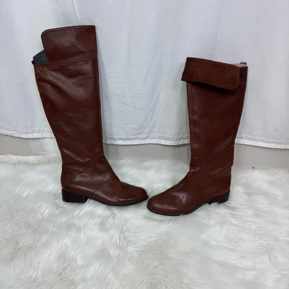 NEW Nine West Cognac Brown Noriko Leather Knee High Riding Boots Size 9.5M